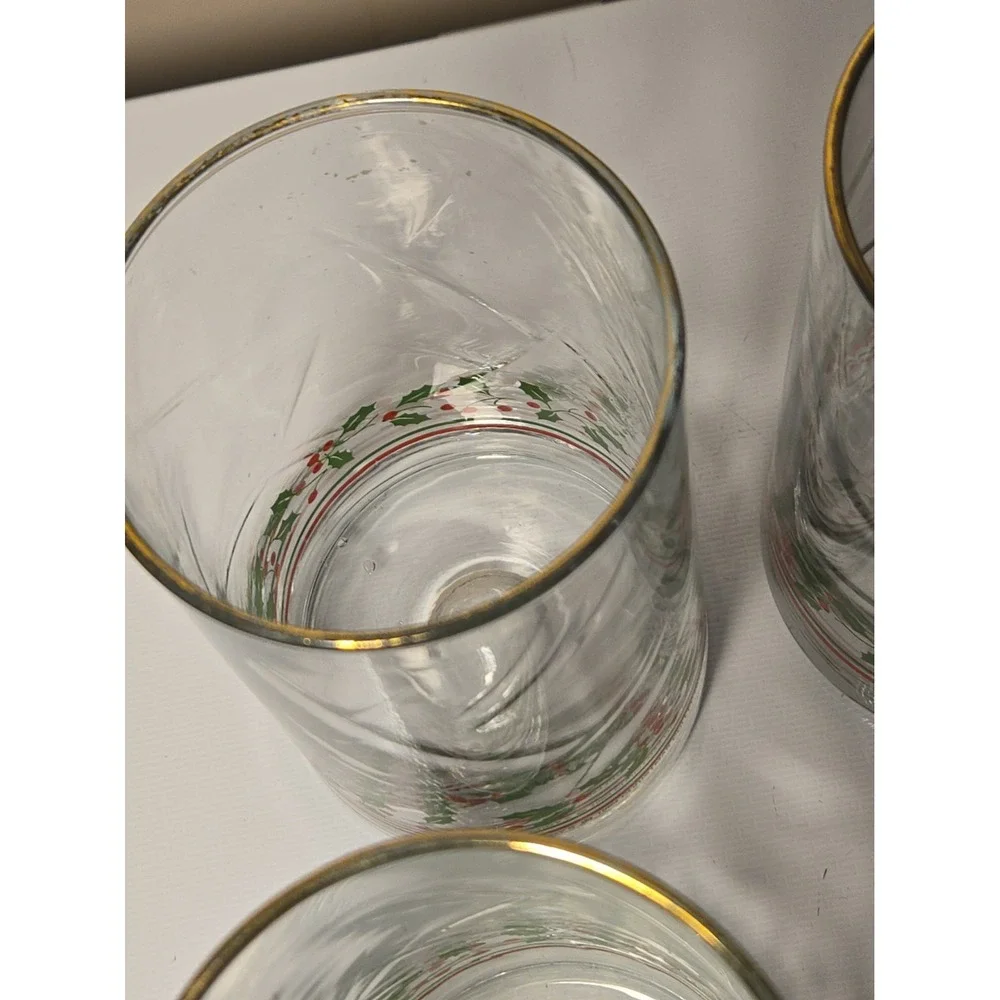 Vtg Glass HOLLY BERRY Christmas Drinking Glasses Tumblers Set of 4